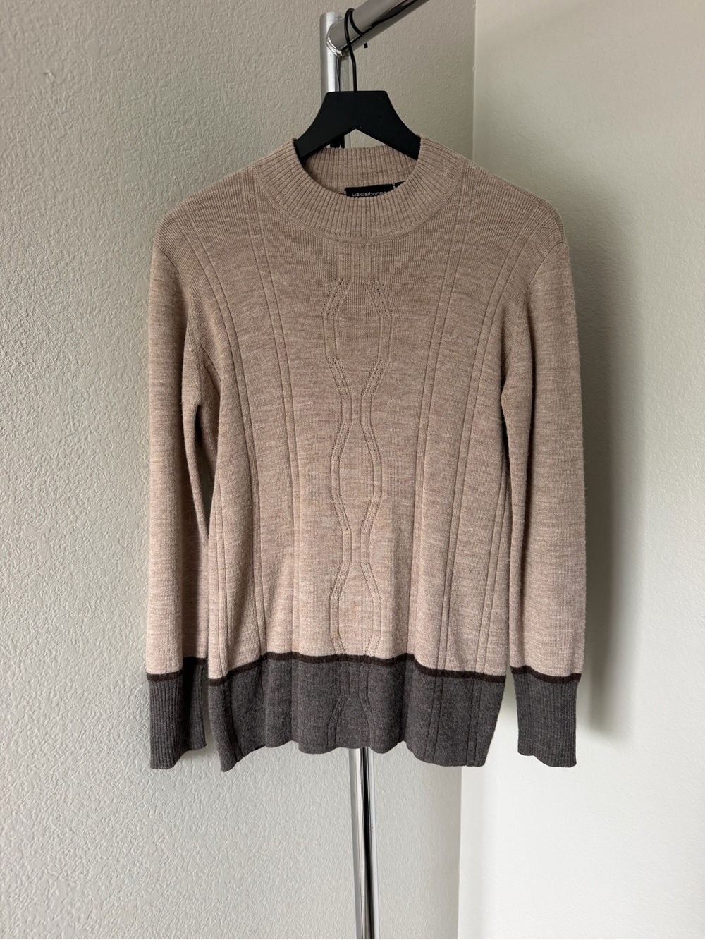 Liz Claiborne Two-Tone Cable Crewneck Sweater - Beige & Dark Brown